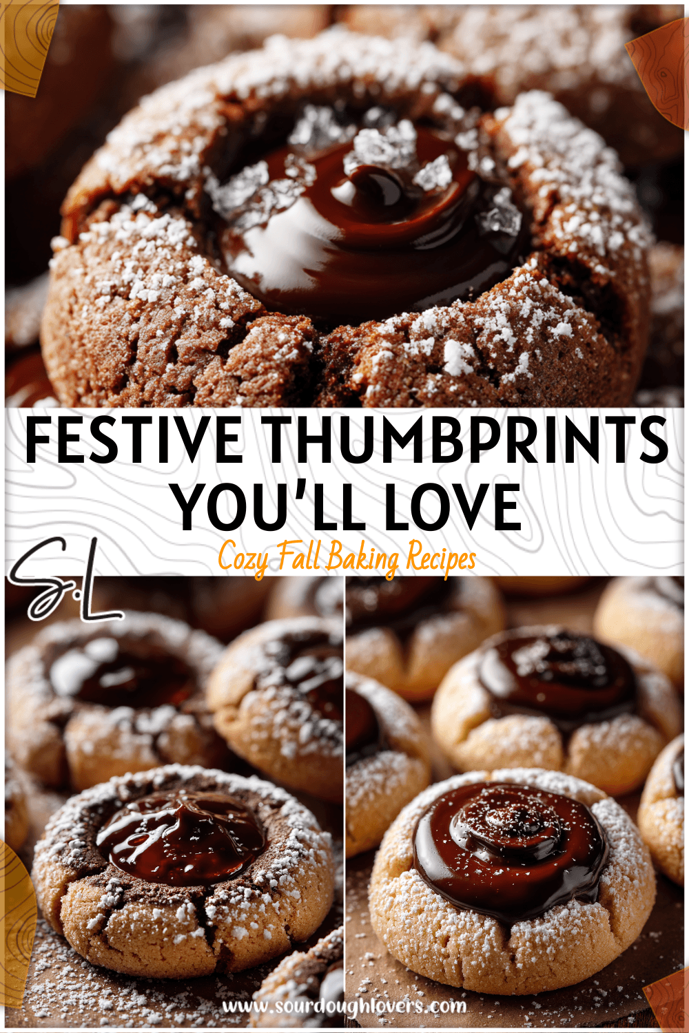 Close-up of festive Chocolate Thumbprint Xmas Cookies with glossy chocolate filling and powdered sugar.